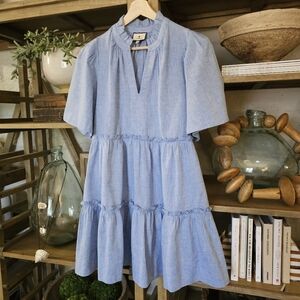 Tuckernuck Chambray Crawford Ruffle Flutter Sleeve Mini Dress Cotton Linen, Sz M